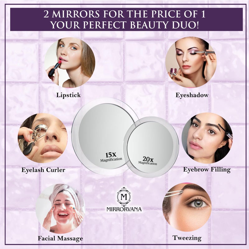MIRRORVANA 20X & 15X Magnifying Mirror Set with 3 Suction Cups Each - Compact & Travel Ready Mirror for Makeup - Sizes: 6" and 4" Wide - Image 2